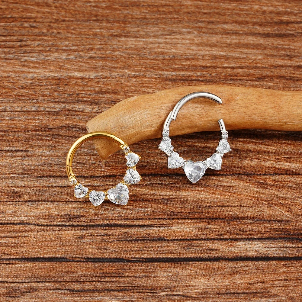 Daith hoop with five heart-shaped clear cz stones titanium 16G septum ring - Image 4