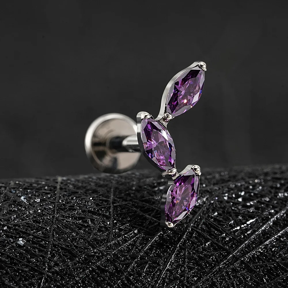 Three stone stud earring with clear green purple cubic zirconia titanium labret stud - Image 6