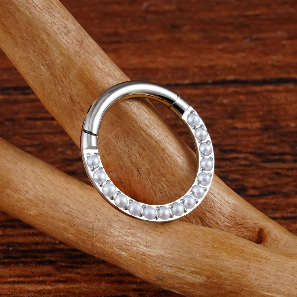 Daith pearl earring made of titanium 16G septum clicker ring - Image 4