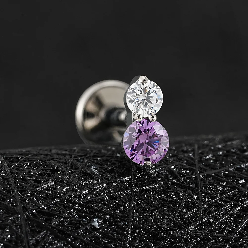 Two-stone earring with clear red green purple or blue diamond cz titanium labret stud - Image 6
