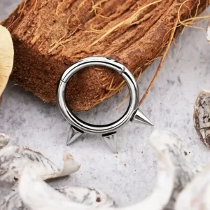 Piercing ring with 3 spikes in black silver and gold punk and gothic titanium 16G