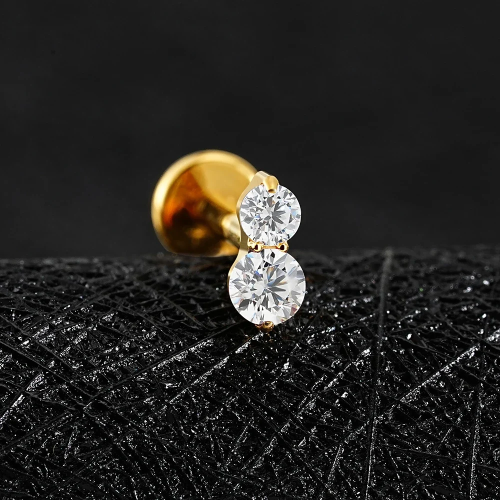 Two-stone earring with clear red green purple or blue diamond cz titanium labret stud - Image 4