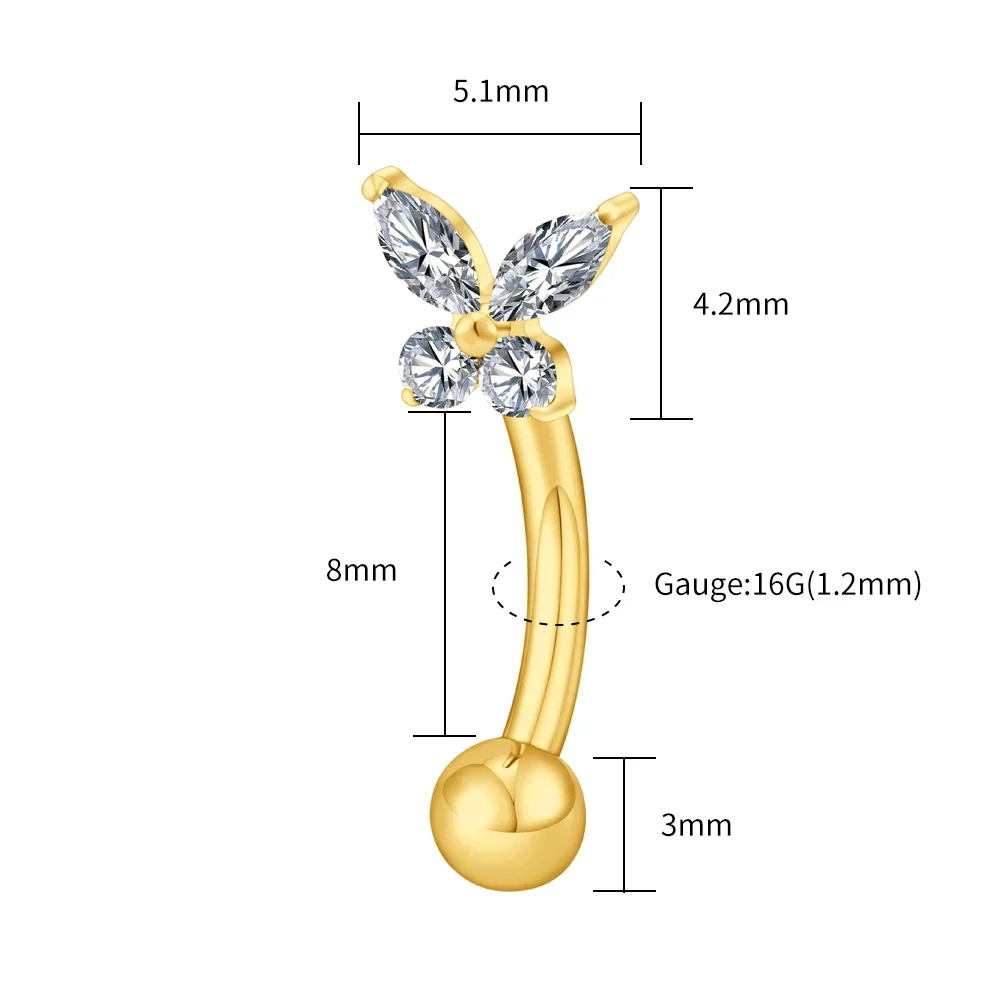 Butterfly eyebrow piercing curved barbell with clear cz stones butterfly rook piercing - Image 3