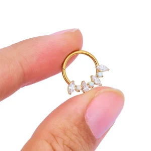 Opal septum clicker with white opal gold silver 16G titanium nose ring with CZ stones hinged clicker