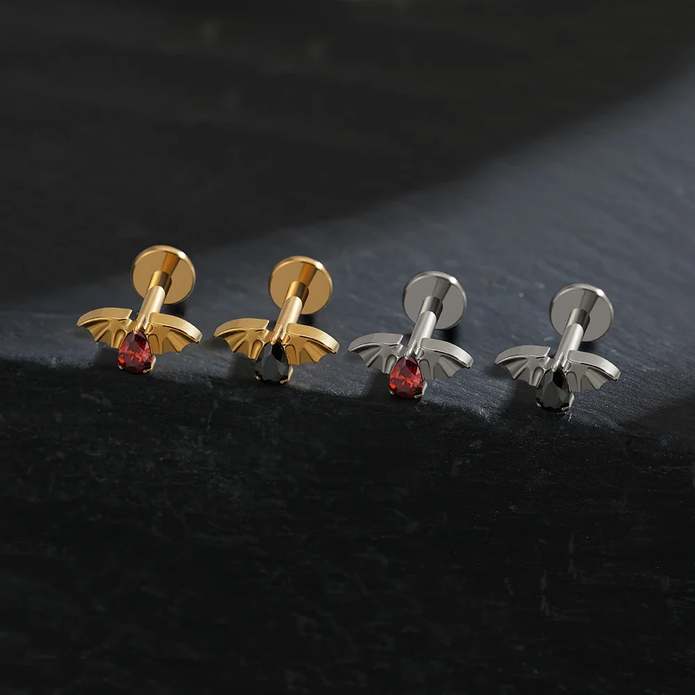 Bat helix piercing with a red stone titanium vampire piercing Halloween jewelry - Image 5
