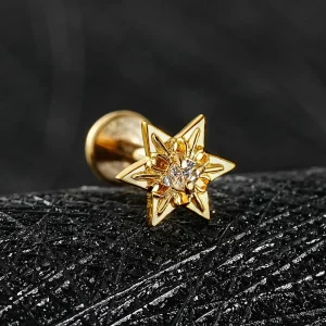 Small diamond nose piercing titanium starburst labret stud with a clear stone