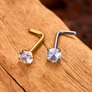 L shape nose stud with diamond titanium 20 gauge gold and silver nose ring
