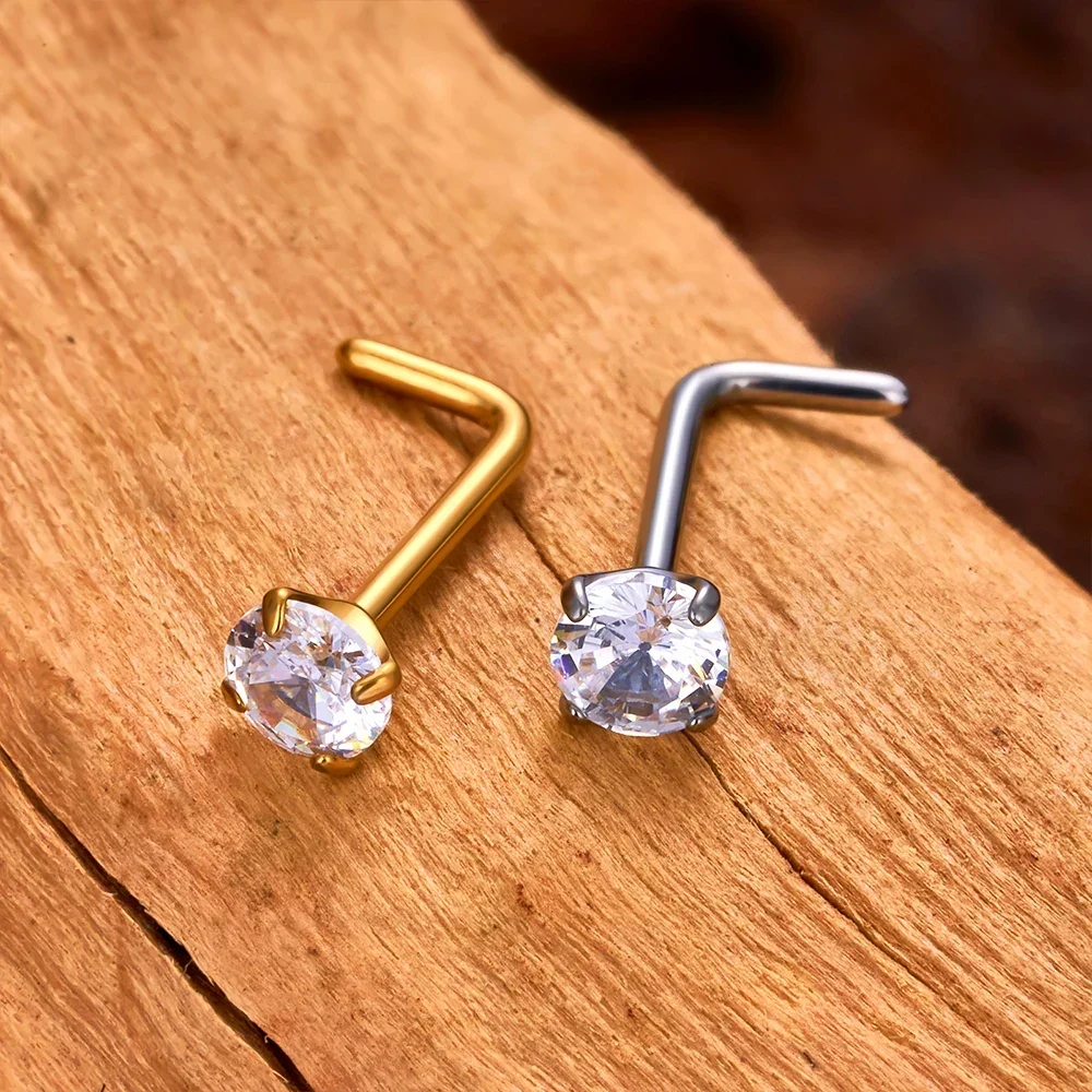 L shape nose stud with diamond titanium 20 gauge gold and silver nose ring - Image 2