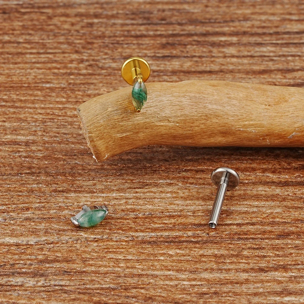 Natural moss agate piercing labret stud marquise made of titanium 16G - Image 4