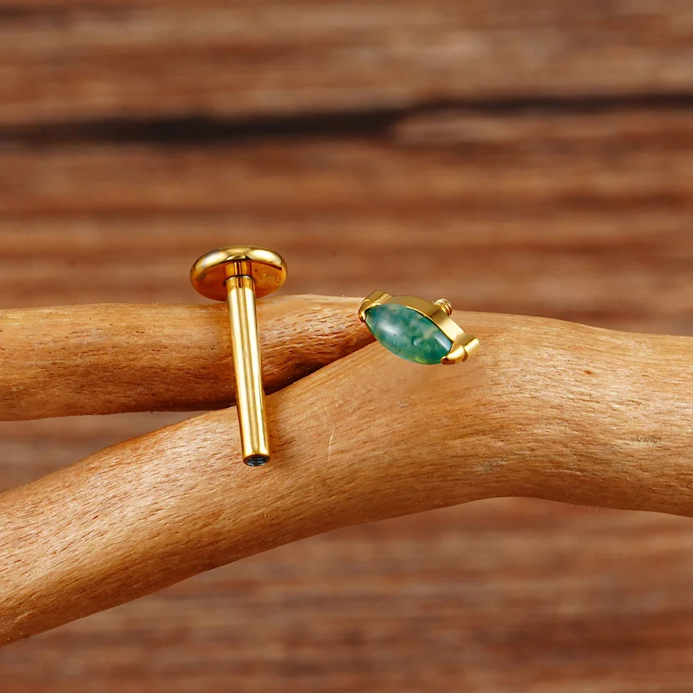 Natural moss agate piercing labret stud marquise made of titanium 16G - Image 8