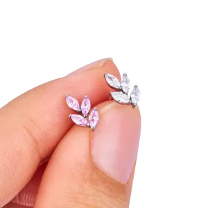 Forward helix stud 16G titanium leaf with CZ stones cute clear pink green blue