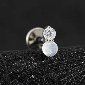 Moonstone nose stud with clear diamond cz moonstone piercing