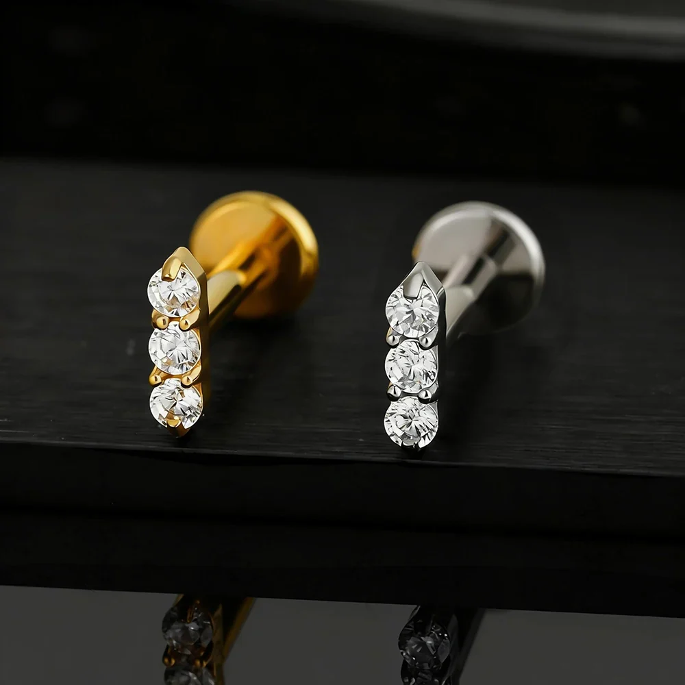 Gold bar stud earring with three clear cz stones nose stud bar - Image 3