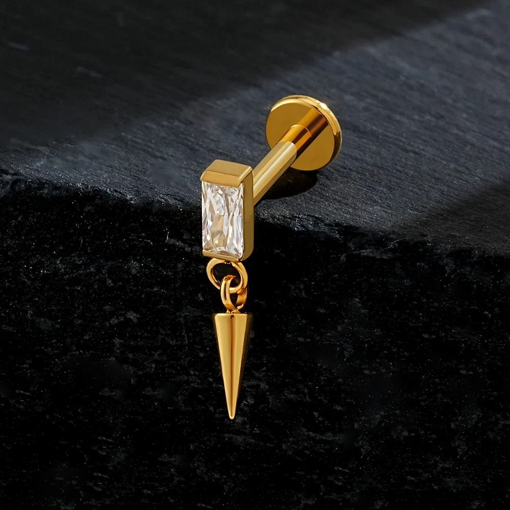Dangle cartilage piercing with a spike titanium labret stud - Image 4