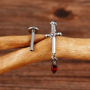 Dagger stud earring with a drop of blood in gold and silver titanium stud 16G
