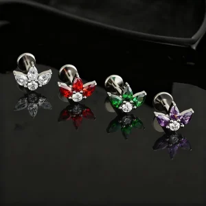 Lotus flower nose stud with red green purple cz stones lotus nose stud