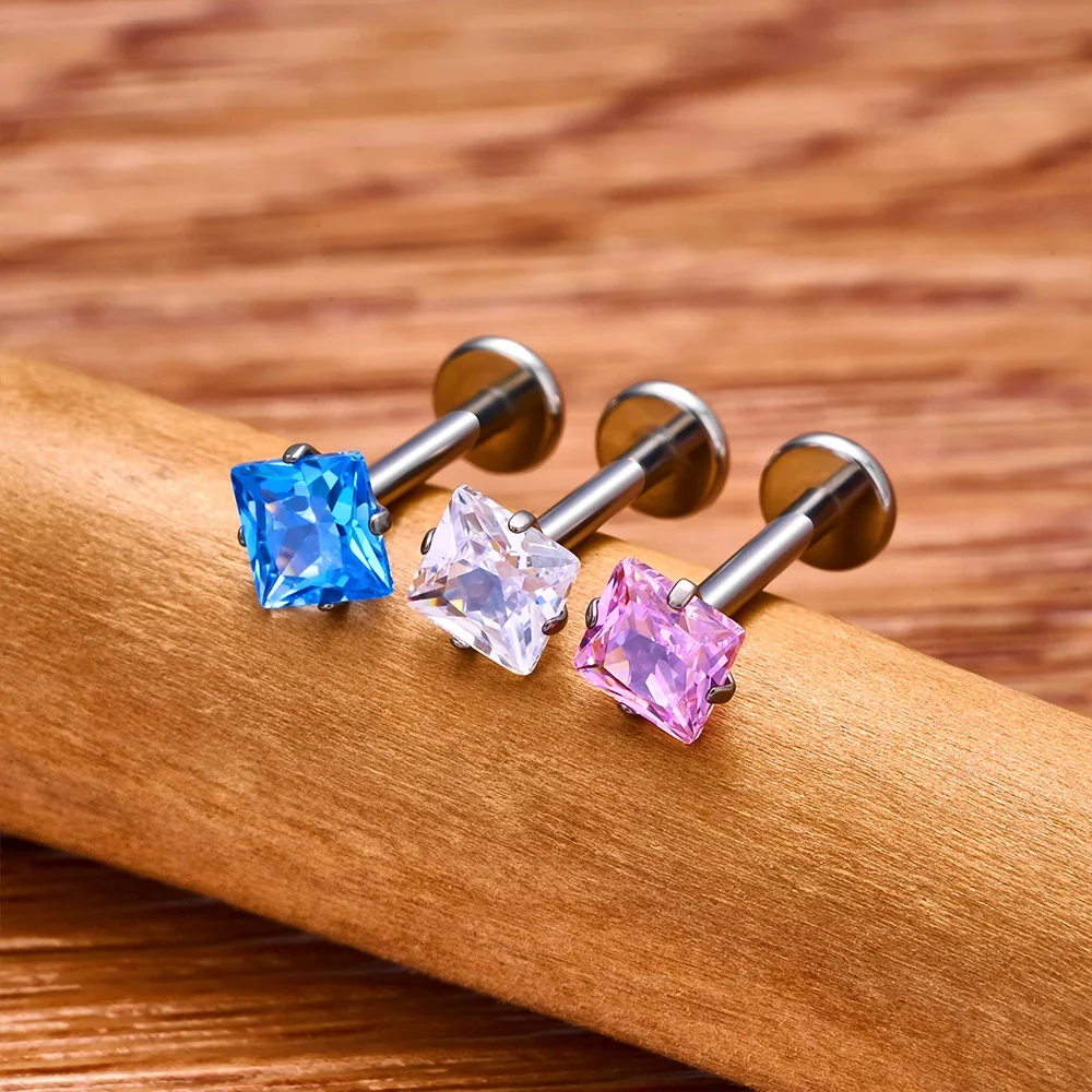 Square diamond stud earring titanium nose stud lip stud - Image 2