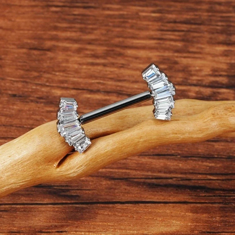 14g nipple bar titanium threadless push pin with opal with 5 baguette CZ stones 1 piece - Image 2