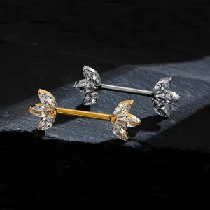Gold nipple piercing with three clear diamond cz stones on each side titanium navel piercing