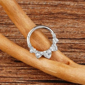 Daith hoop with five heart-shaped clear cz stones titanium 16G septum ring