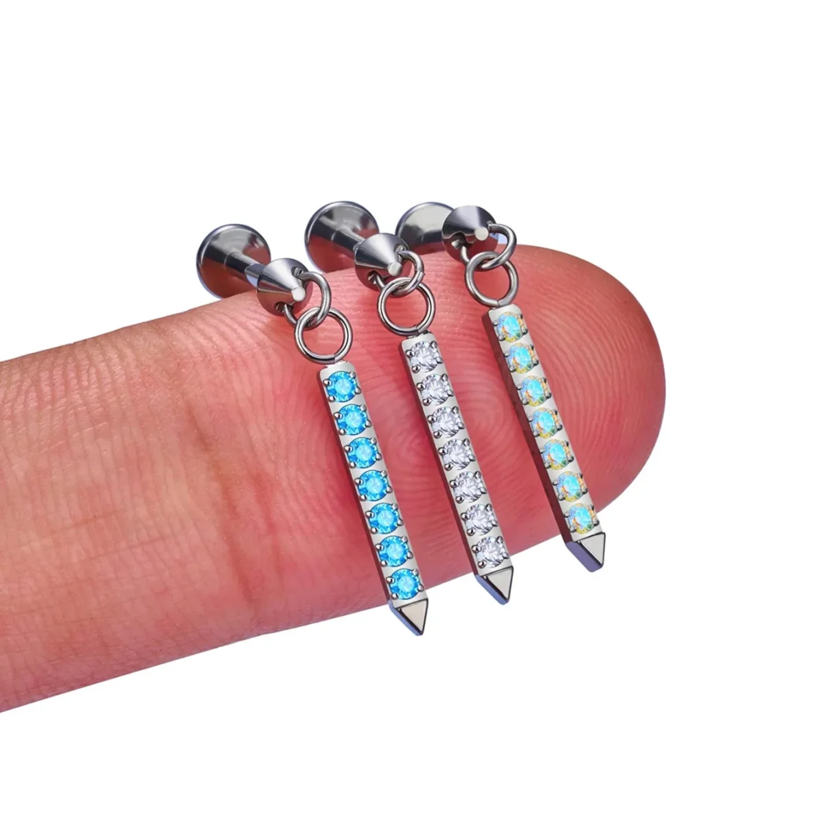 Vertical helix earring with a long dangle clear blue or rainbow cz stones 16G