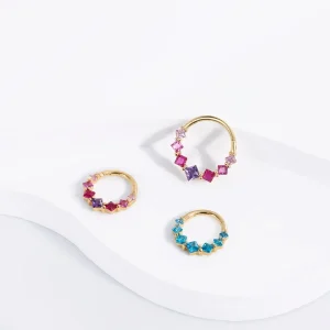 Real gold septum ring with pink blue CZ stones pretty and cute 14K gold nose ring ear piercing Daith piercing