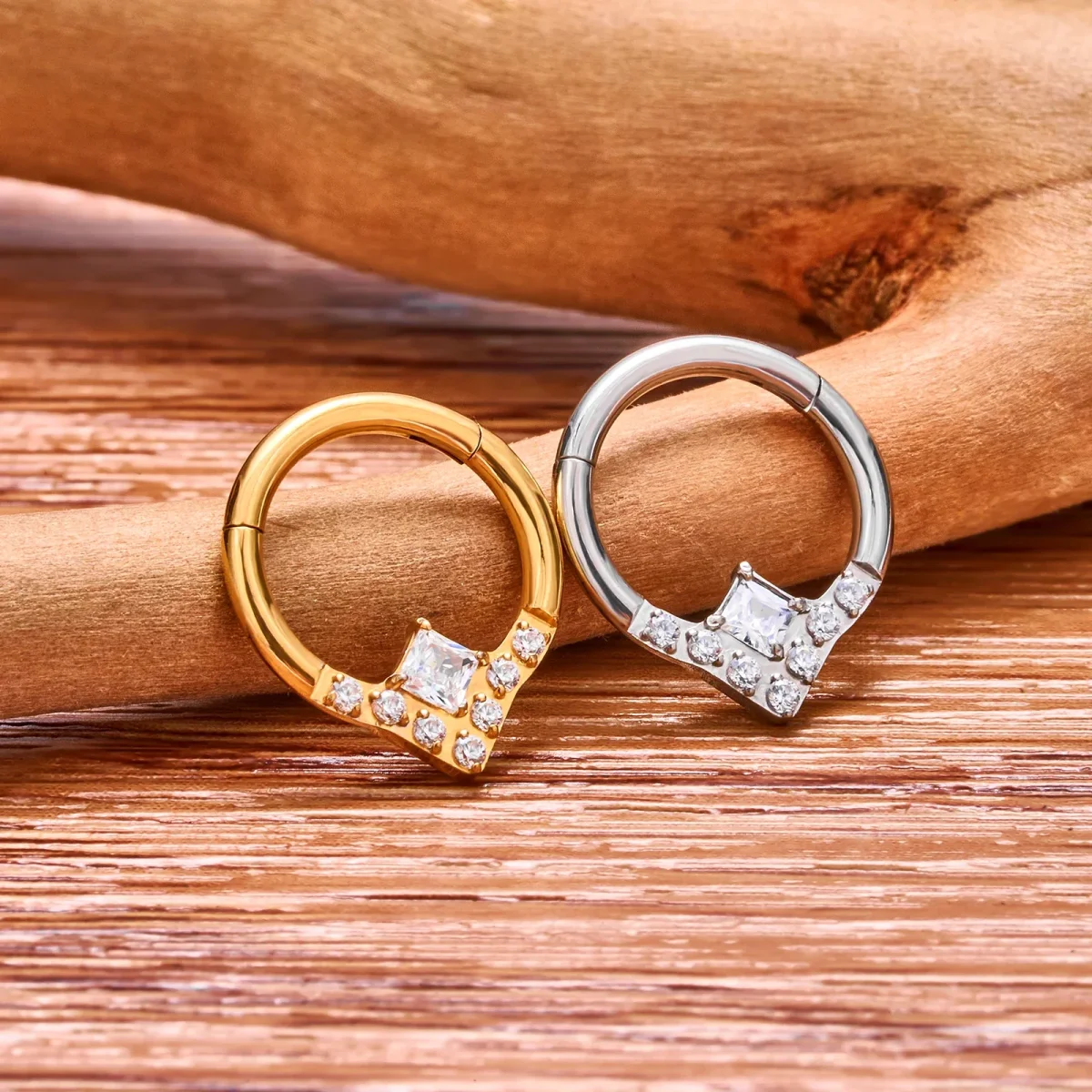 Dainty septum ring with square and round cz stones titanium daith piercing hoop - Image 2