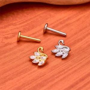 Swan stud earring in pink red green blue black 18G 16G titanium labret stud