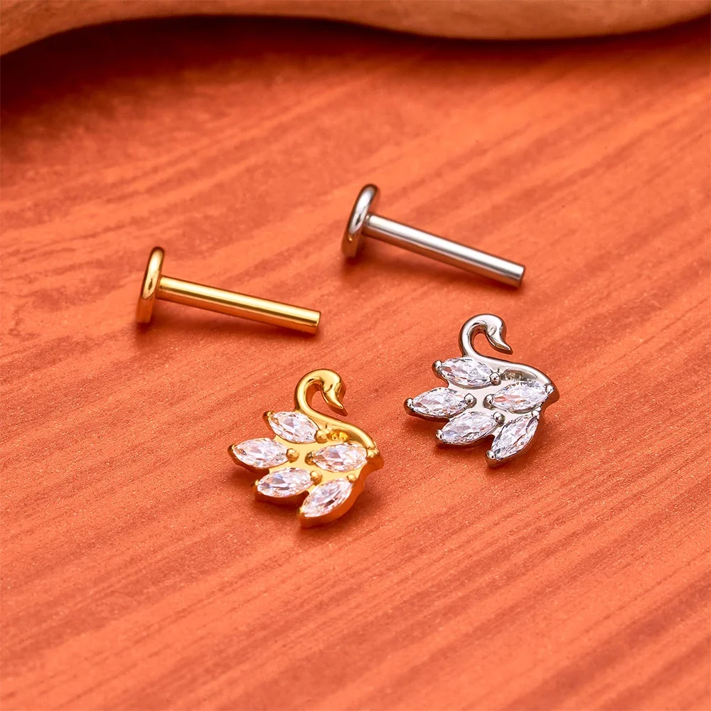 Swan stud earring in pink red green blue black 18G 16G titanium labret stud - Image 2