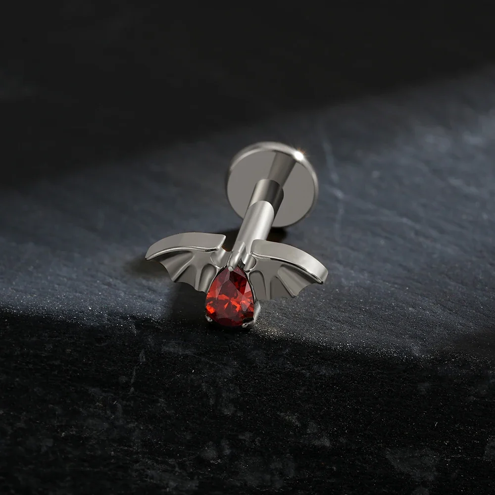 Bat helix piercing with a red stone titanium vampire piercing Halloween jewelry - Image 3