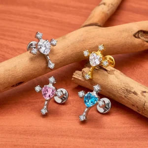 Cross stud earring with a heart-shaped cz stone gothic and punk cross ear piercing