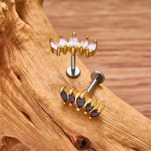 Earring for Flat piercing with five clear or black cz stones long stud titanium labret stud 16G