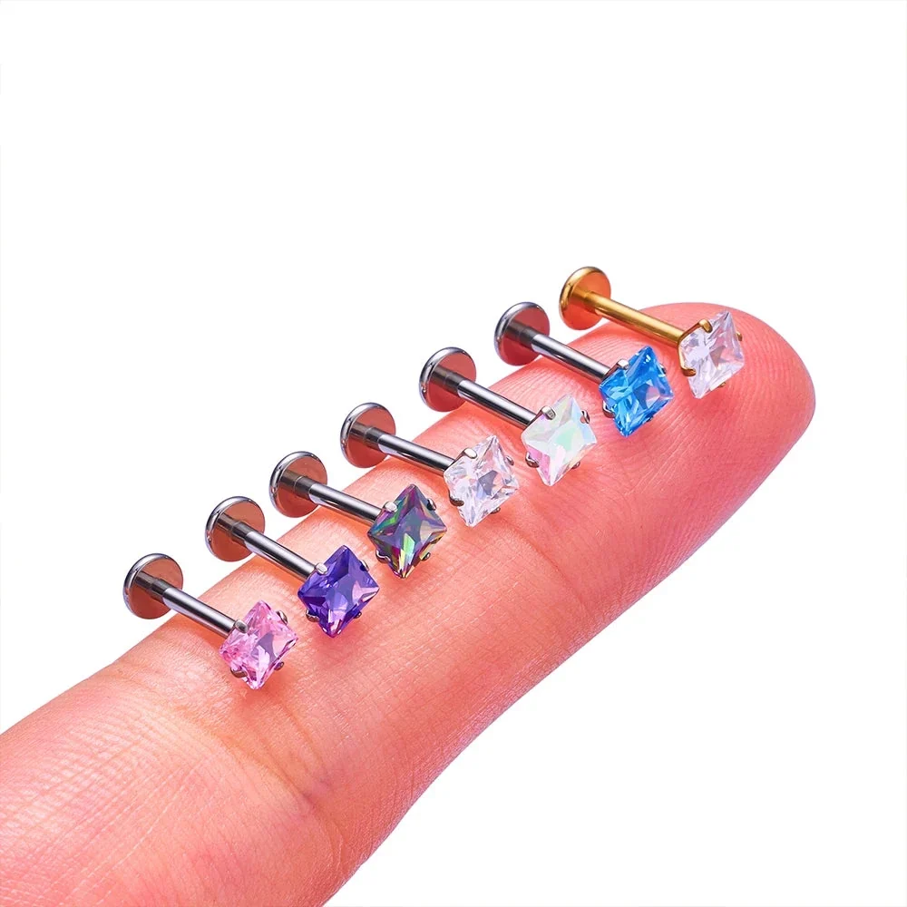 Square diamond stud earring titanium nose stud lip stud - Image 5
