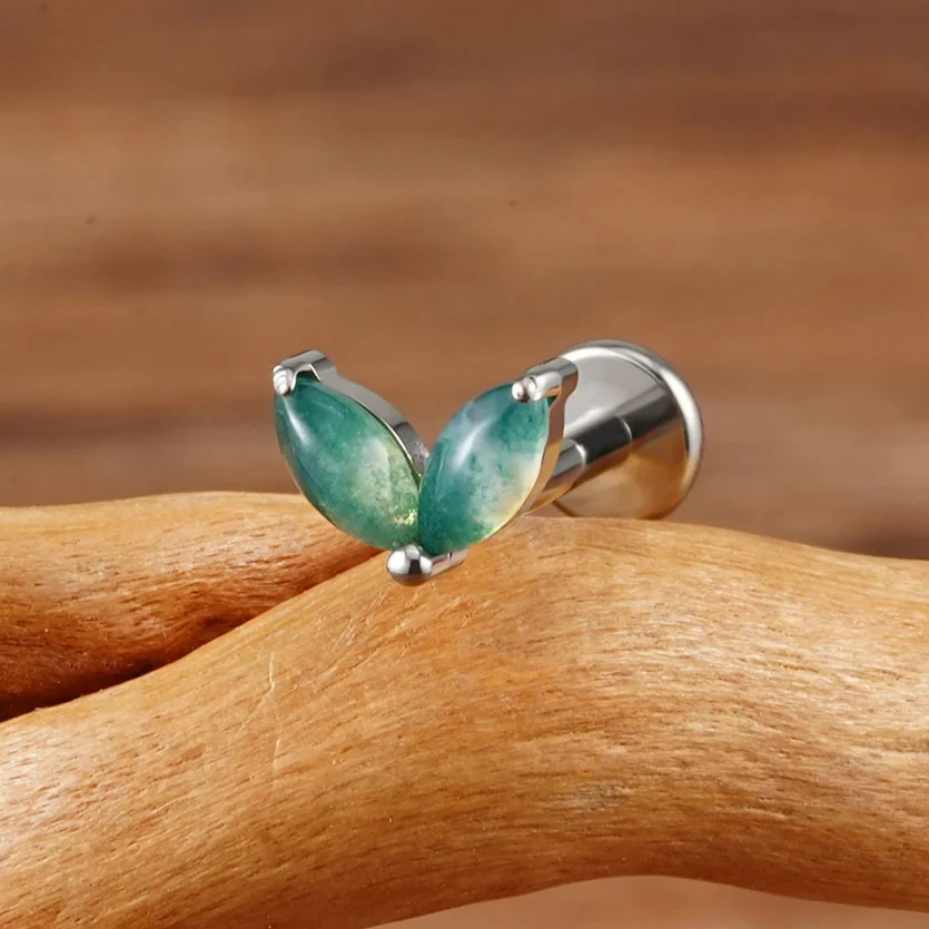 Moss agate gemstone piercing labret stud with two marquise stones made of titanium 16G - Image 2