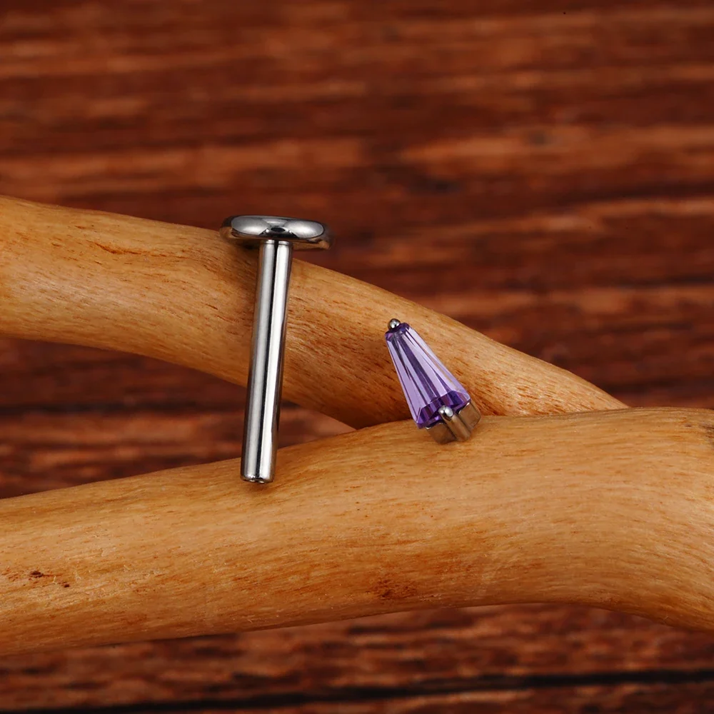 Unique diamond labret piercing with a trapezoid purple or clear cz stone titanium - Image 2