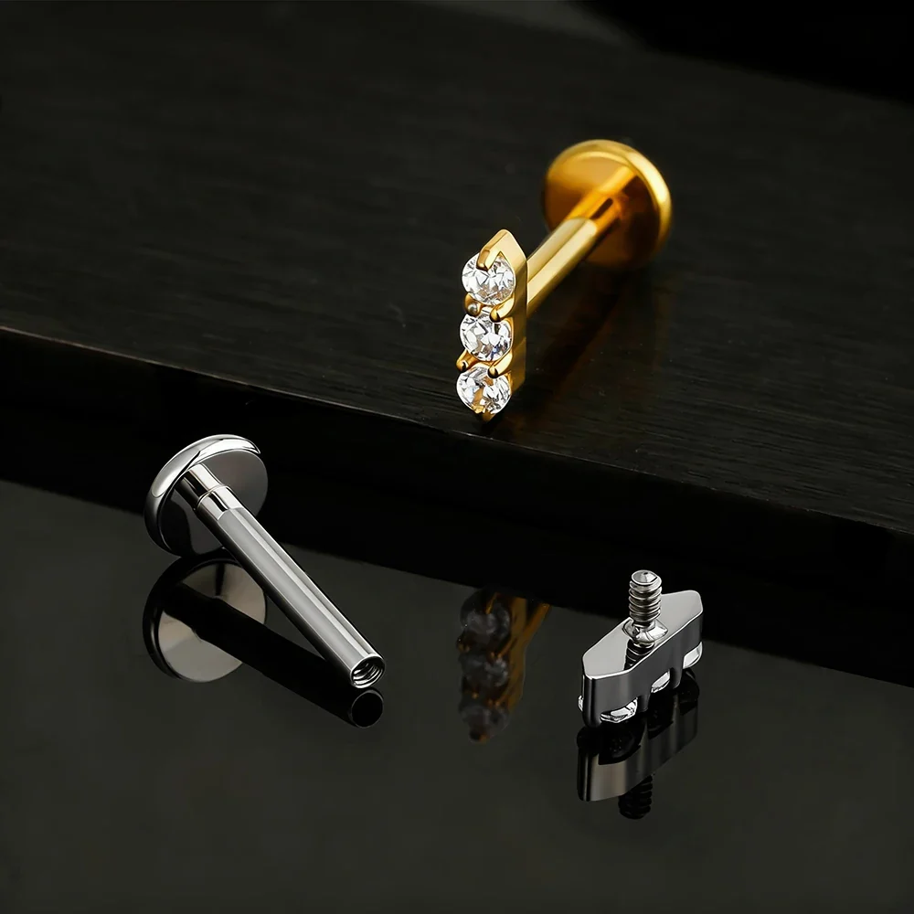 Gold bar stud earring with three clear cz stones nose stud bar - Image 6