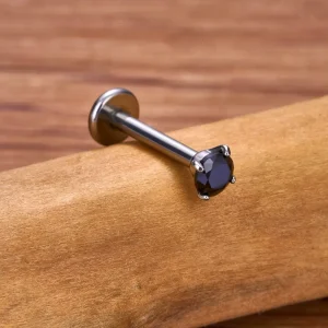 Labret stud with a black cz stone internally threaded small and simple titanium 16G 18G