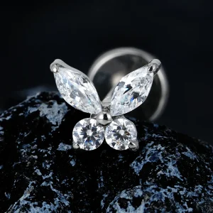 Labret piercing stud cute with a butterfly 16G implant-grade titanium flat back CZ stone
