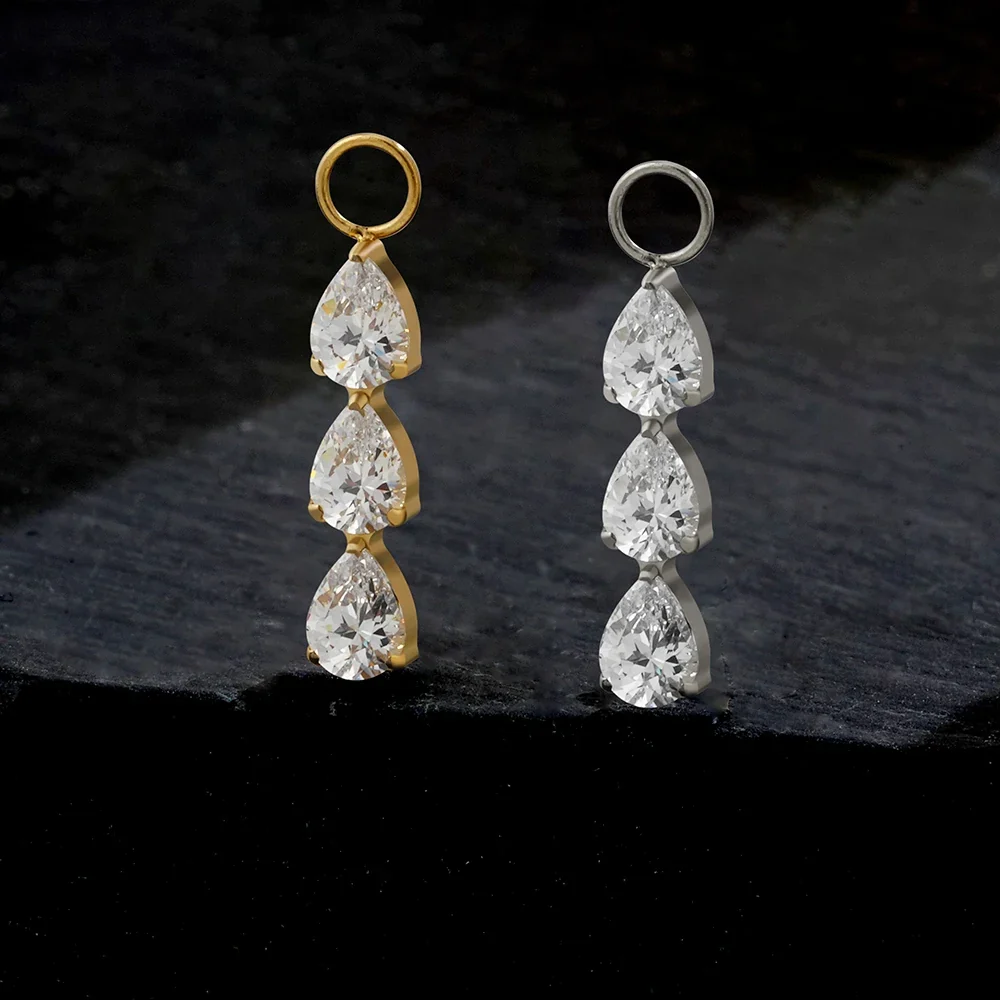 Earring hoop charm with three pear-shaped diamond cz stones titanium piercing charm - Image 2