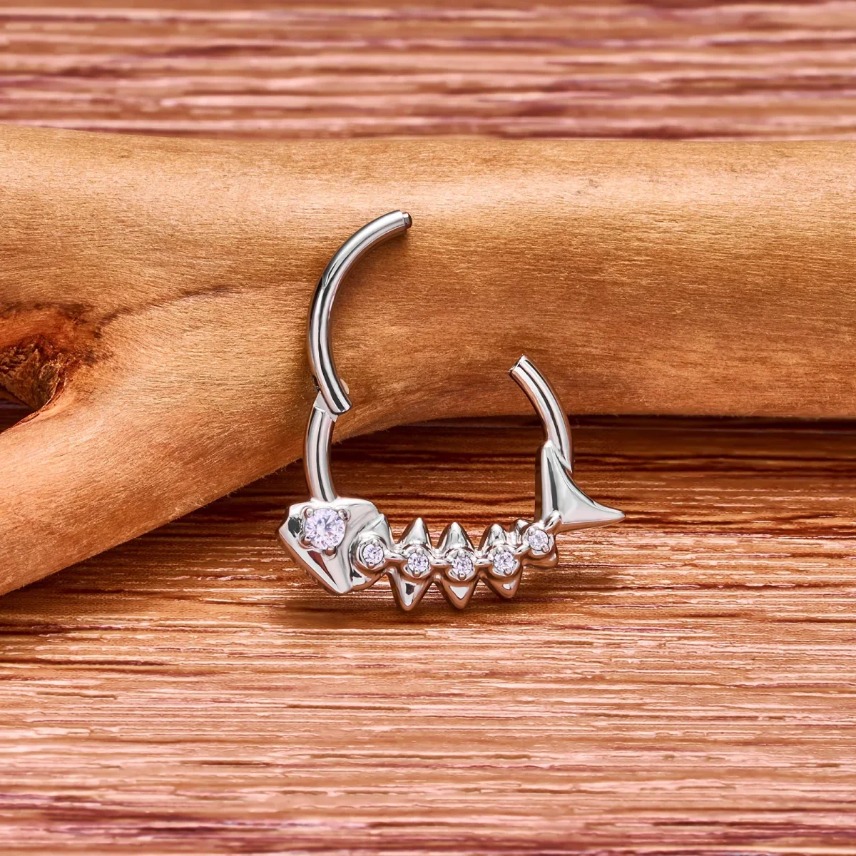 Septum daith clicker with a fishbone in silver pink green blue red titanium - Image 3