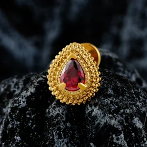 Art Deco piercing labret stud with a red or clear stone teardop titanium 16G