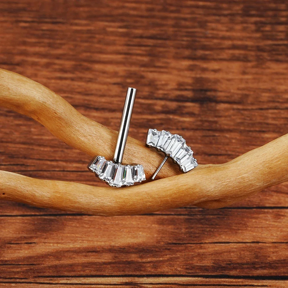 14g nipple bar titanium threadless push pin with opal with 5 baguette CZ stones 1 piece - Image 3