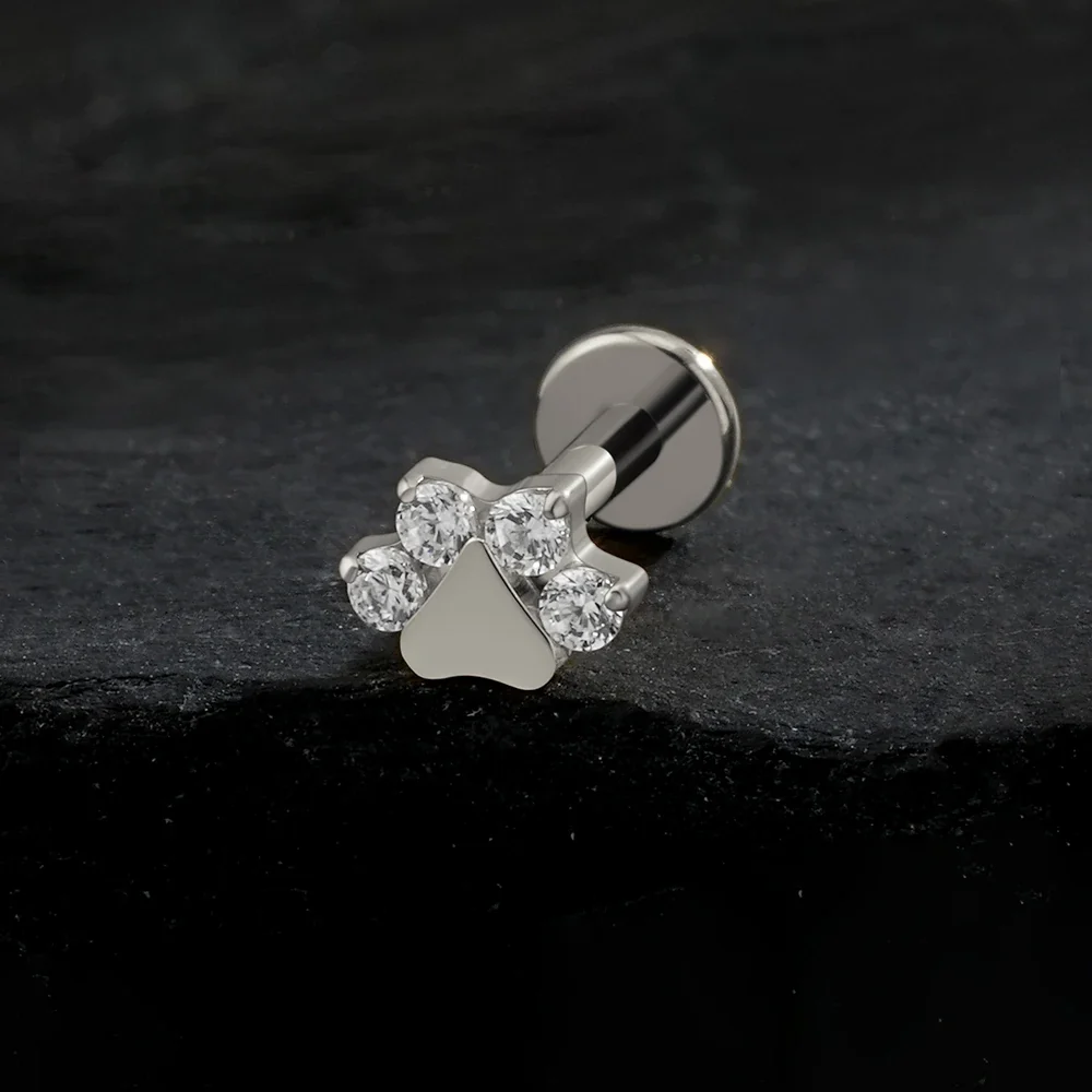 Cat paw earring with pink blue green purple diamond cz stones titanium nose stud 18G 16G