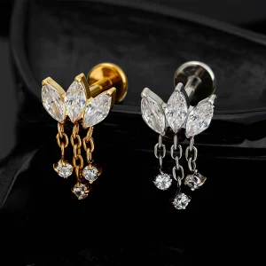 Dangling helix piercing stud with chains and clear cz stones titanium piercing