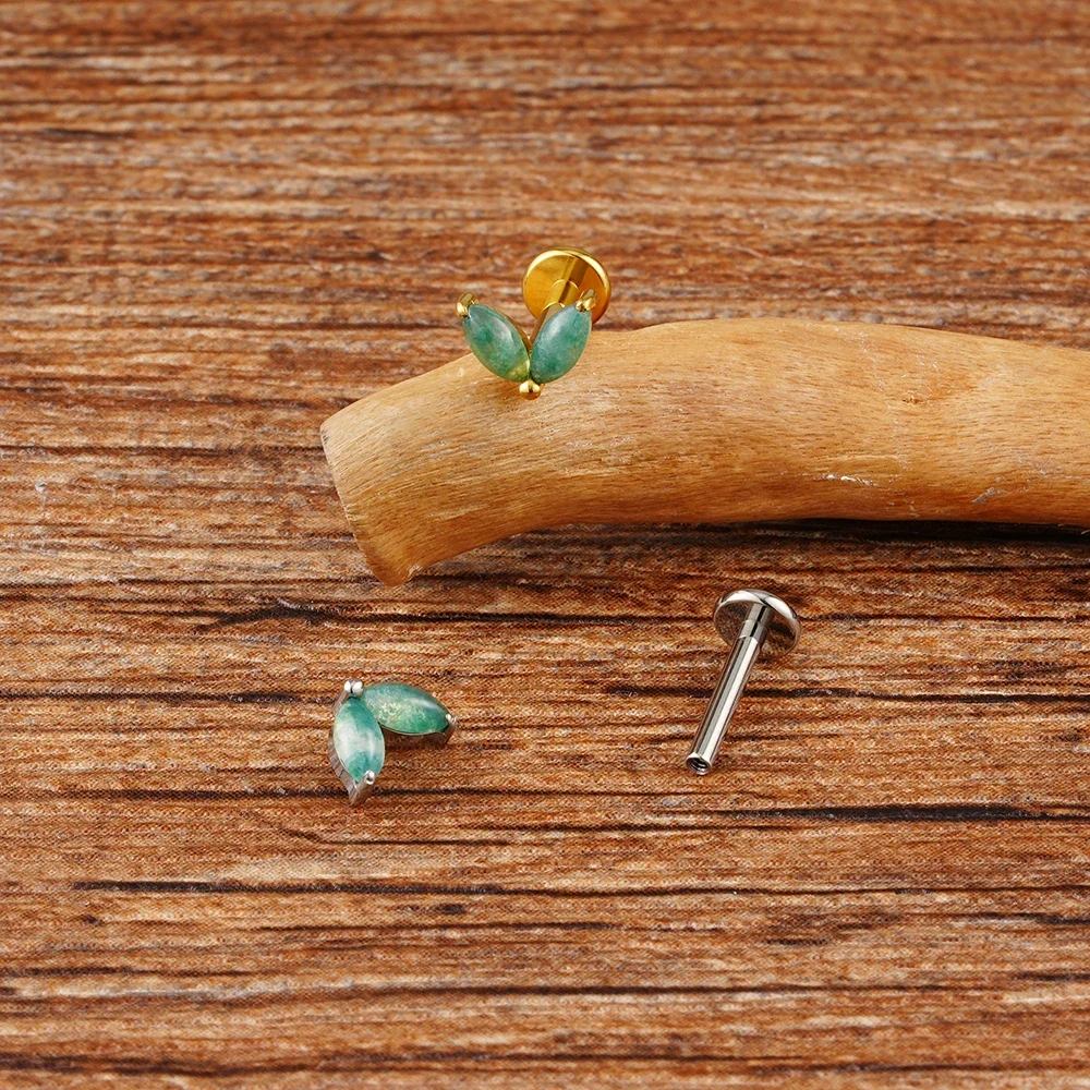 Moss agate gemstone piercing labret stud with two marquise stones made of titanium 16G - Image 6