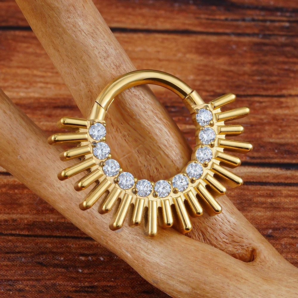 Gold daith piercing hoop with CZ stones titanium hinged clicker ring septum ring