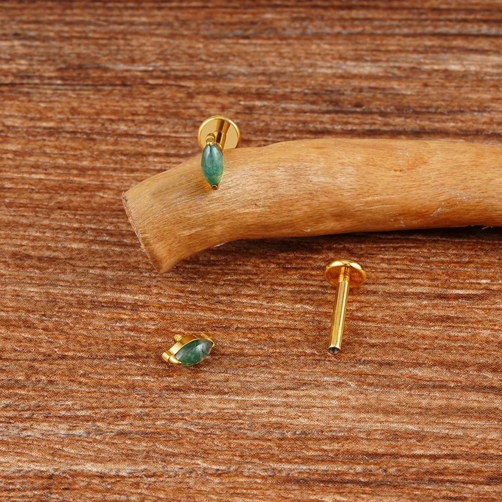 Natural moss agate piercing labret stud marquise made of titanium 16G - Image 7