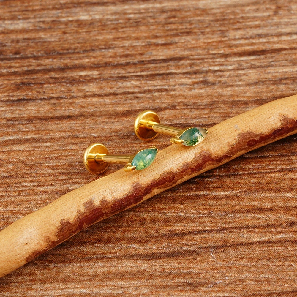 Natural moss agate piercing labret stud marquise made of titanium 16G - Image 6