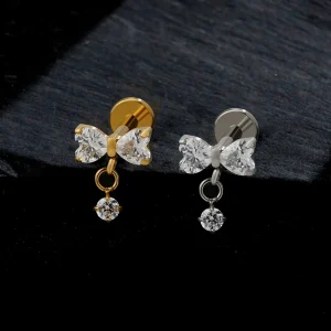 Bow tie earring with clear diamond cz stones titanium dangle earring Christmas bow earring