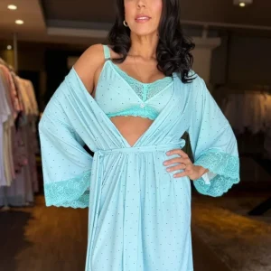 Conjunto Amamentação Sutiã, Calcinha e Robe Verde com Poázinho Preto